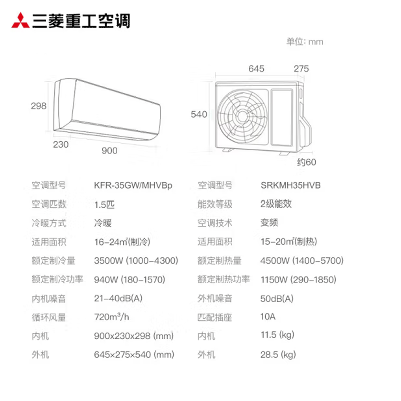 三菱重工空调1.5匹 全直流变频2级能效家用卧室冷暖空调壁挂式挂机KFR-35GW/MHVBp高清大图