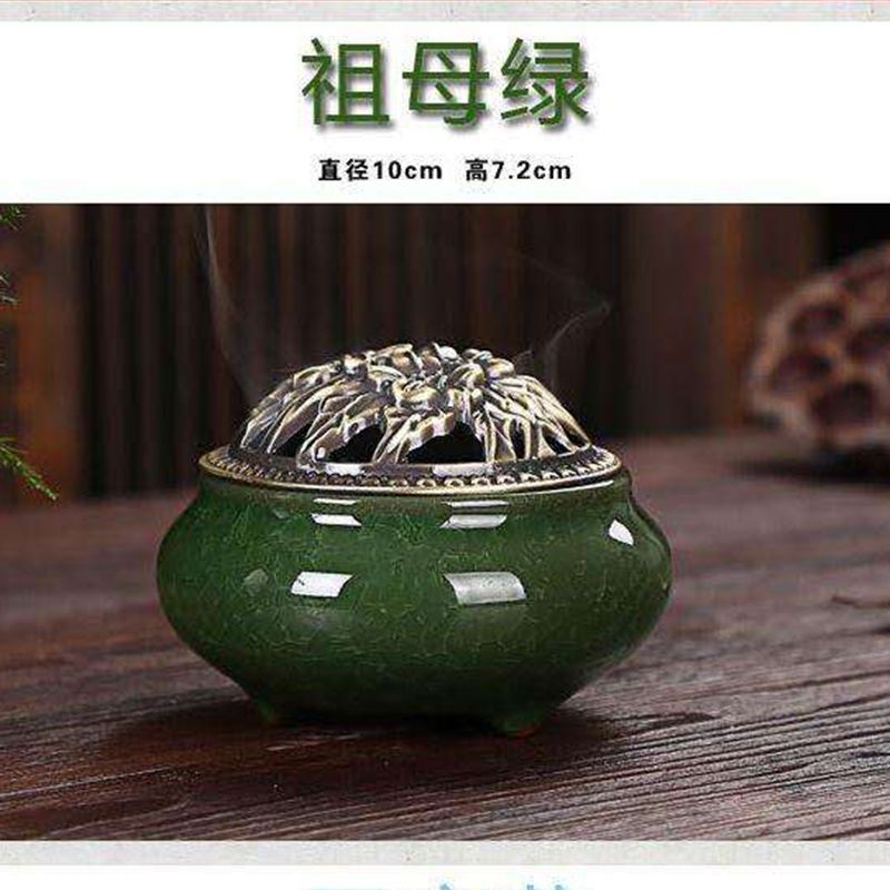 冰裂香炉[送防火棉]祖母绿冰裂哥窑香炉陶瓷铜盖佛具仿古薰香盘香檀香
