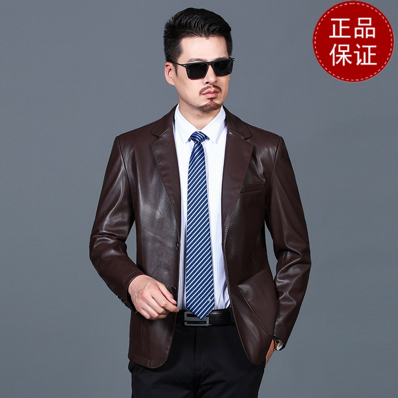免费试穿潮男皮西装2021年秋冬新款男士皮衣西装领大口袋仿真皮休闲男外套2021冬装新款_302 180 棕色