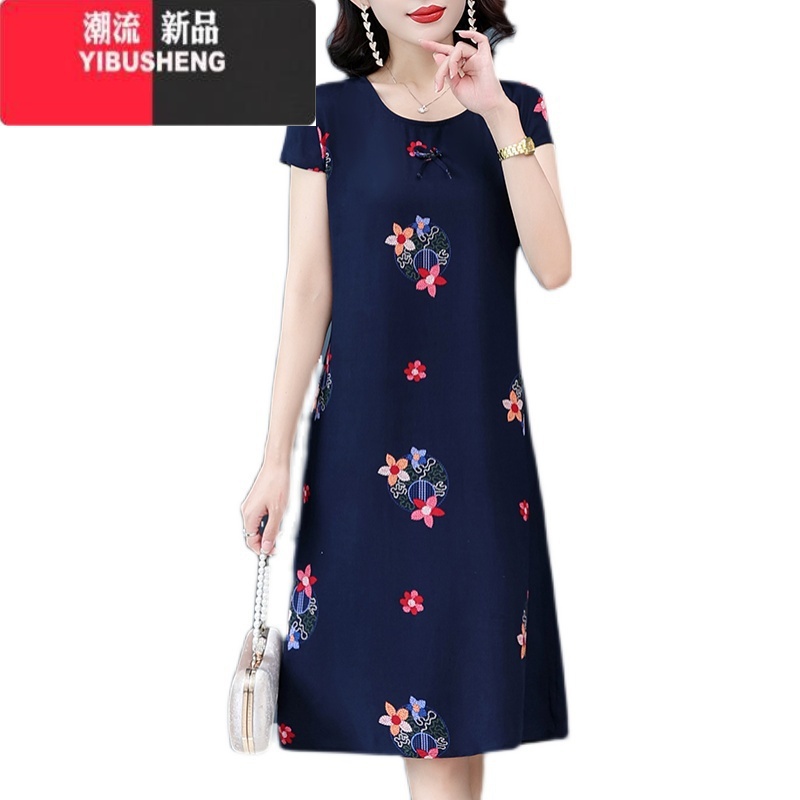 YIBUSHENG2024新款绸女气质时尚宽松印花大码中长人造棉连衣裙外穿妈S高清大图