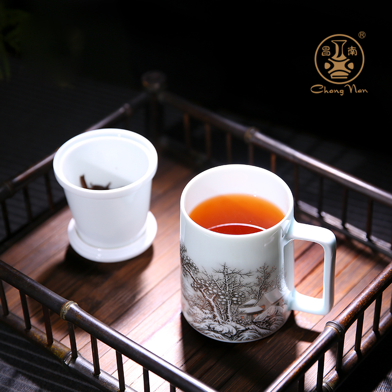 昌南(Chang Nan) 景德镇陶瓷带盖过滤茶水分离杯 青白瓷[瑞雪兆丰年]办公杯 350ml高清大图