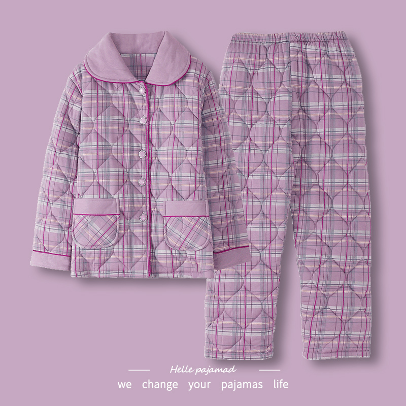 浪莎夹棉睡衣女冬季三层加厚夹棉袄大码保暖开衫可外穿家居服套装