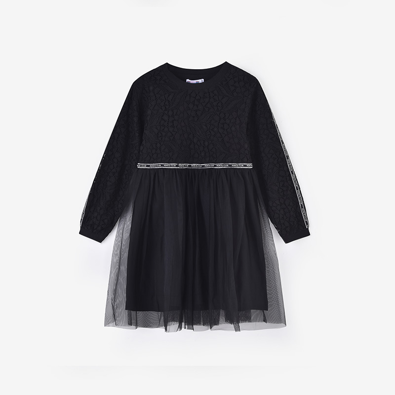 【1件3折】铅笔俱乐部童装秋装女童长袖连衣裙儿童裙子女孩蕾丝短裙 黑色 120cm