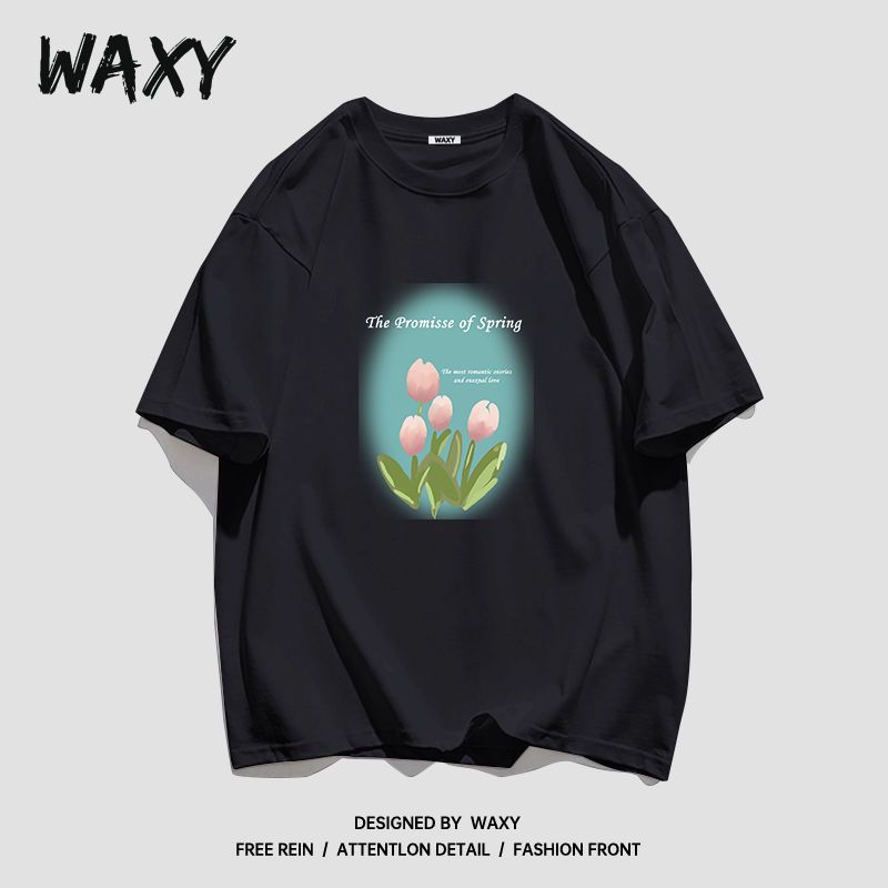 WAXY纯棉T恤女潮牌短袖学生宽松显瘦潮流印花嘻哈设计感小众上衣