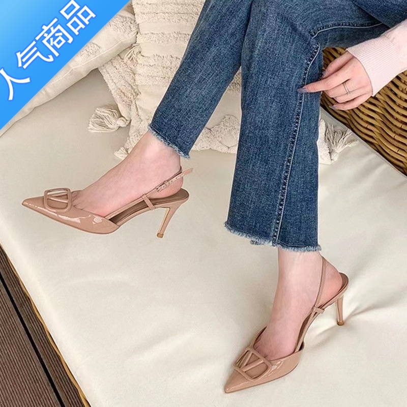 SUNTEK高跟鞋女2023年新款气质斩男细跟尖头一字带绝美凉鞋裸色女鞋v扣高清大图