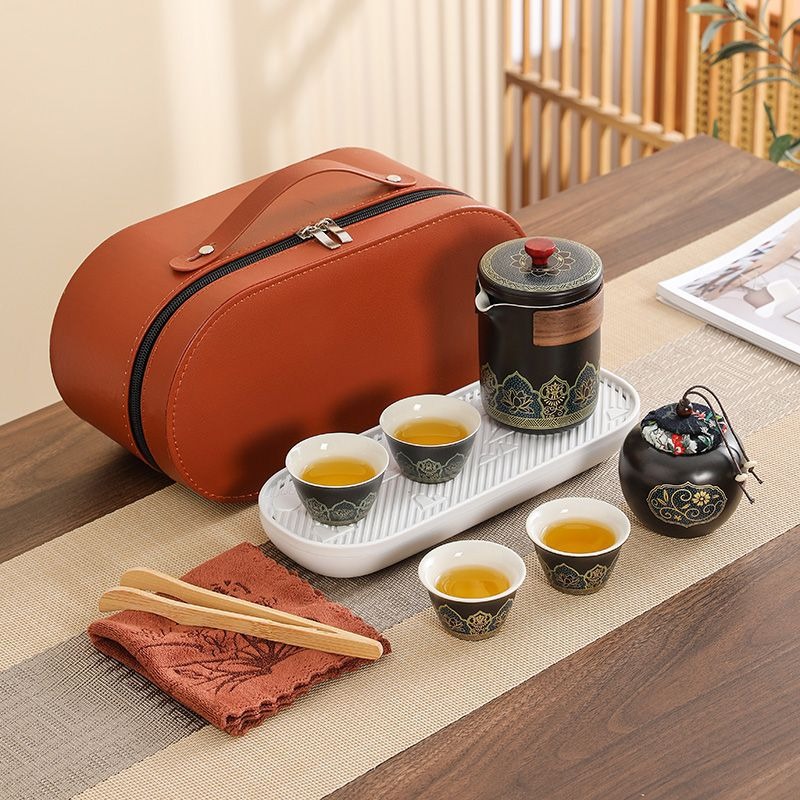 华普思旅行茶具套装 户外便携陶瓷快客杯雅黑-一壶四杯+罐巾夹+椭圆包-带盘