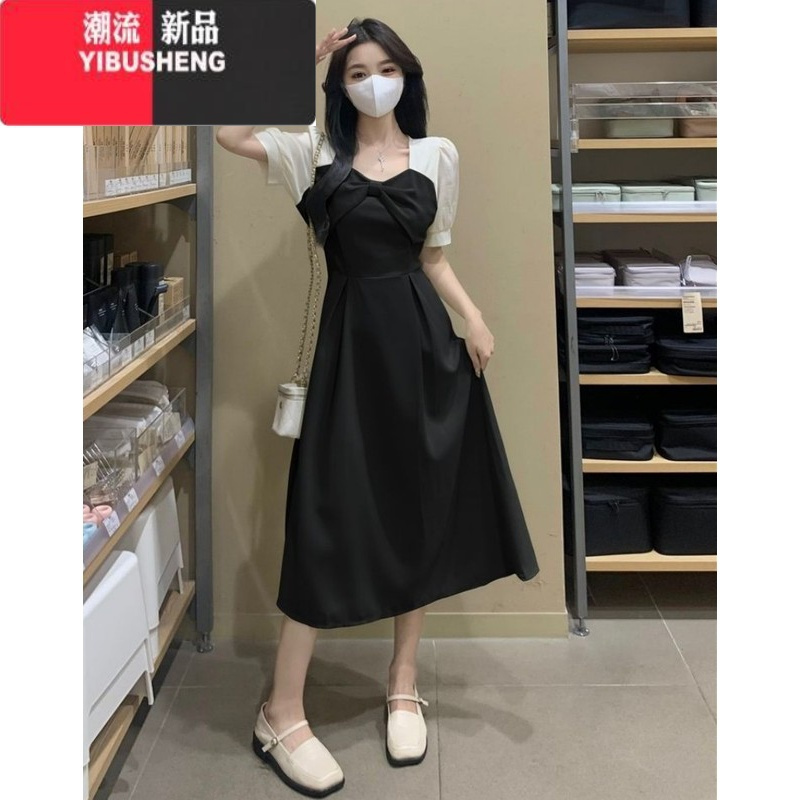 YIBUSHENG2024年季新款法式大码蝴蝶结假两件拼接胖mm气质中长款连衣裙女