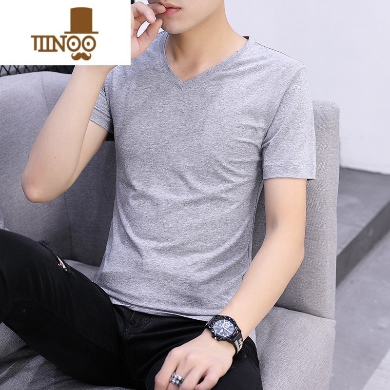 YANXU男士t恤短袖v领修身潮流打底衫体桖夏季半袖男装纯色衣服长袖高清大图