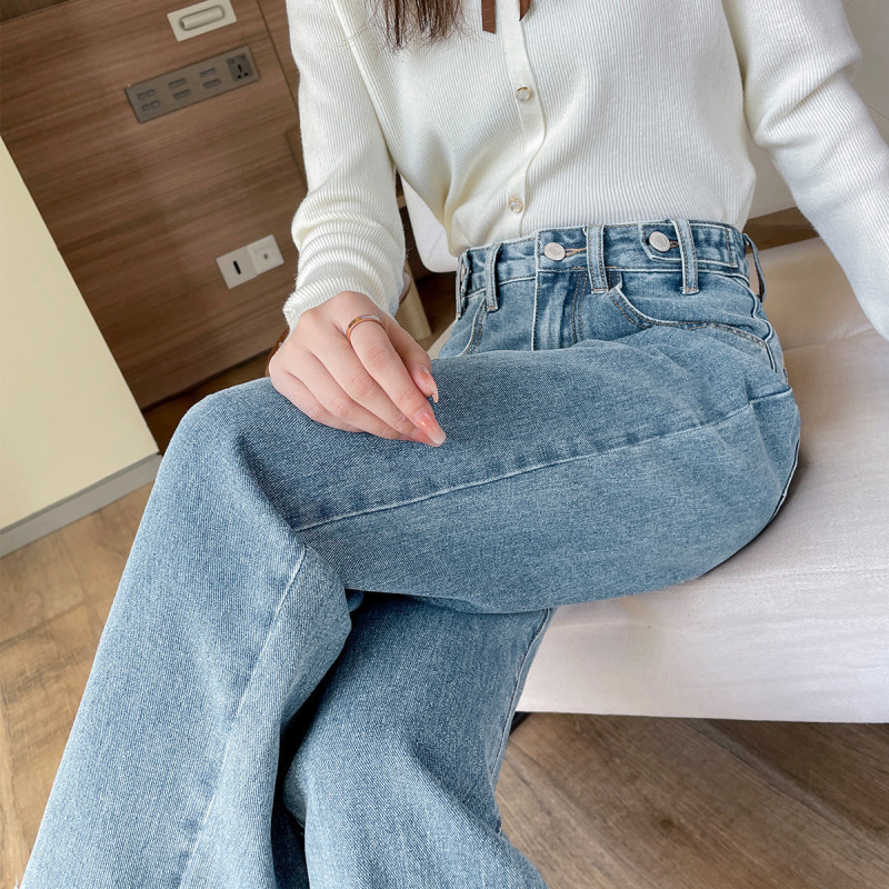 【1.5折价59元】唐狮牛仔长裤子女休闲直筒牛仔长裤时尚腰部三粒扣垂感直筒裤 浅牛仔蓝 28