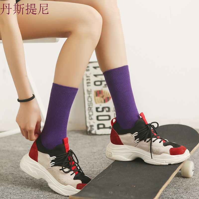 紫色堆堆袜薄款夏季宝蓝袜子女中筒袜韩版学院风黑色日系长袜纯棉