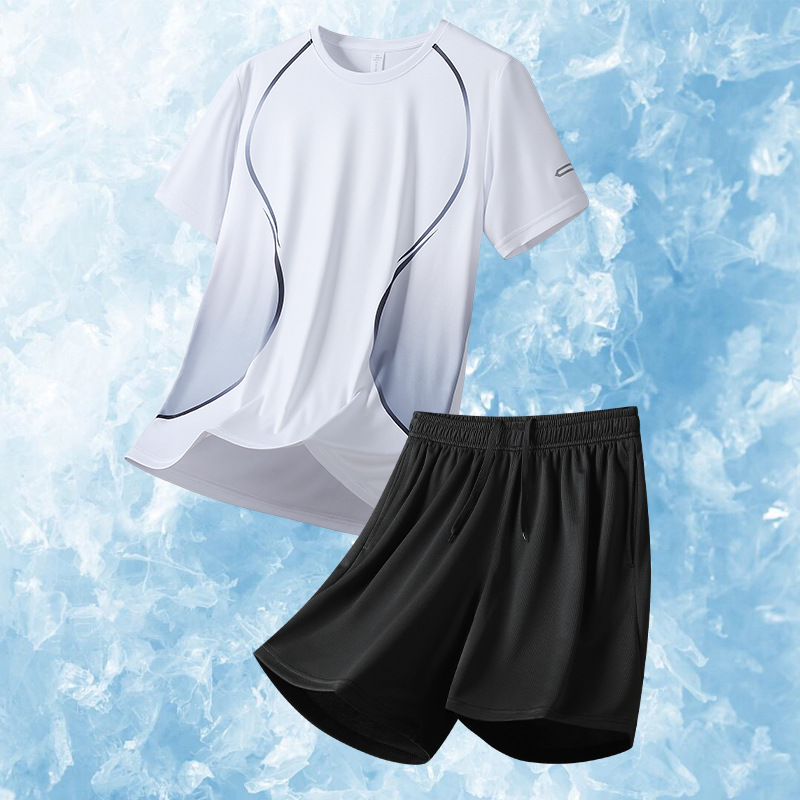 啄木鸟新款夏季丝冰运动套装男户外跑步服速干透气短袖休闲两件套 TZ8311白色 2XL