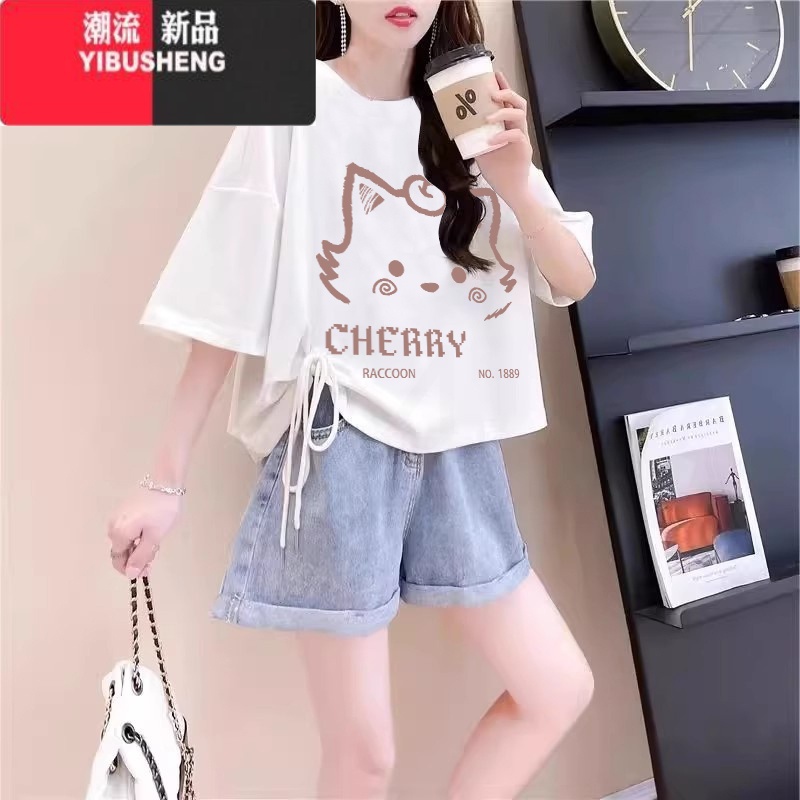 YIBUSHENG看小个子抽绳短袖t恤女季显瘦遮肉短款卡通上衣高清大图