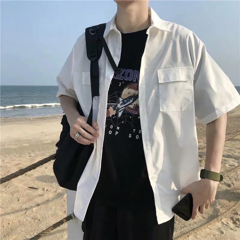 港风ins衬衫男短袖韩版纯色工装衬衣潮流夏季薄款五分半袖日 莎丞