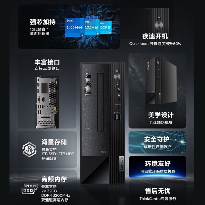 联想Thinkpad ThinkCentre neo S500 带串口 台式机电脑主机 单主机(含键鼠无显示器) 定制:i3-12100 16G内存 1TB固态