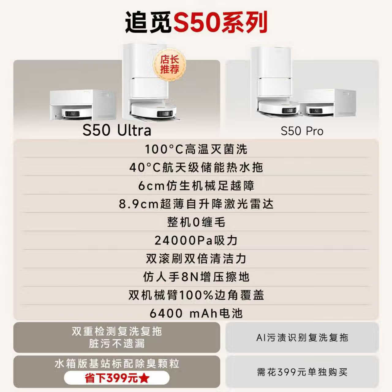 追觅扫地机器人S50Ultra水箱版 扫拖一体 全自动清洗 自清洁 扫地拖地吸尘三合一家用洗地拖地擦地机高清大图
