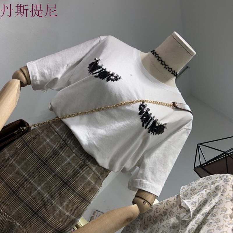 特惠刺绣镶钻T恤女短袖2018夏装宽松百搭学生打底衫学生半袖上衣白色均码