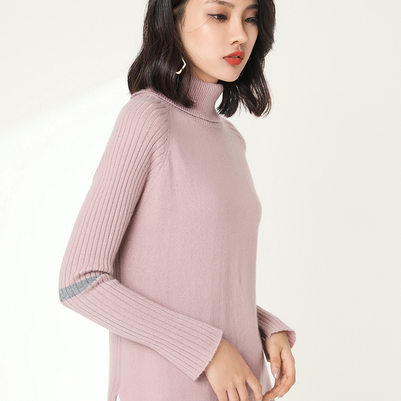 2018秋冬新款女士100%纯山羊绒衫中长款抽条打底衫修身针织衫