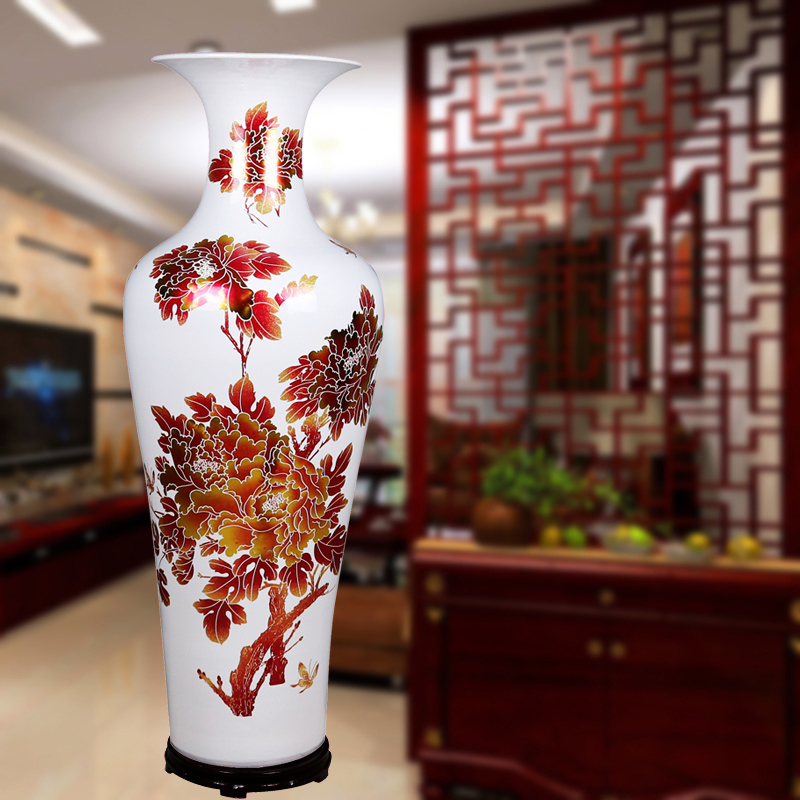 落地大花瓶中国红色牡丹客厅新房中式装饰1米大号摆件 三维工匠 白色牡丹1.3米送底座高清大图