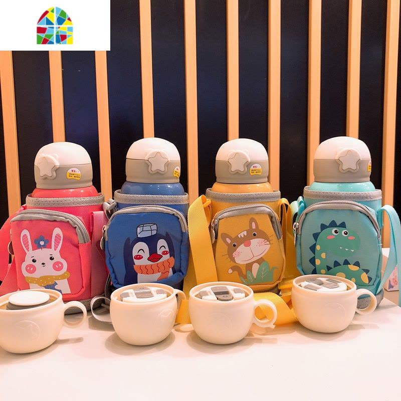 封后大容量儿童保温杯男女小学生真空不锈钢吸管喝水杯幼儿园宝宝杯子 FENG 蓝独角兽500ml+斜跨套+双盖关注收藏送四图片