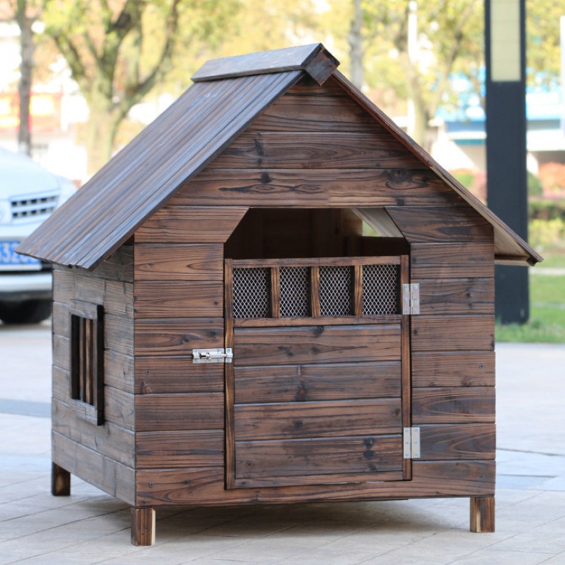 实木狗屋狗窝户外防雨水狗窝房子型冬天保暖大型犬狗屋狗别墅犬舍 无门单窗+遮阳板+门牌 L-大型【收藏下单送安装工具】