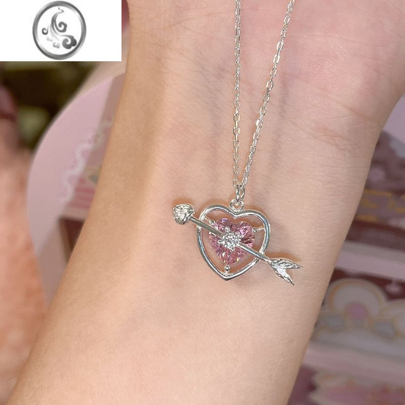 jimi银银s925甜美粉色钻丘比特爱心项链学生女一箭穿心吊坠十链锁骨链