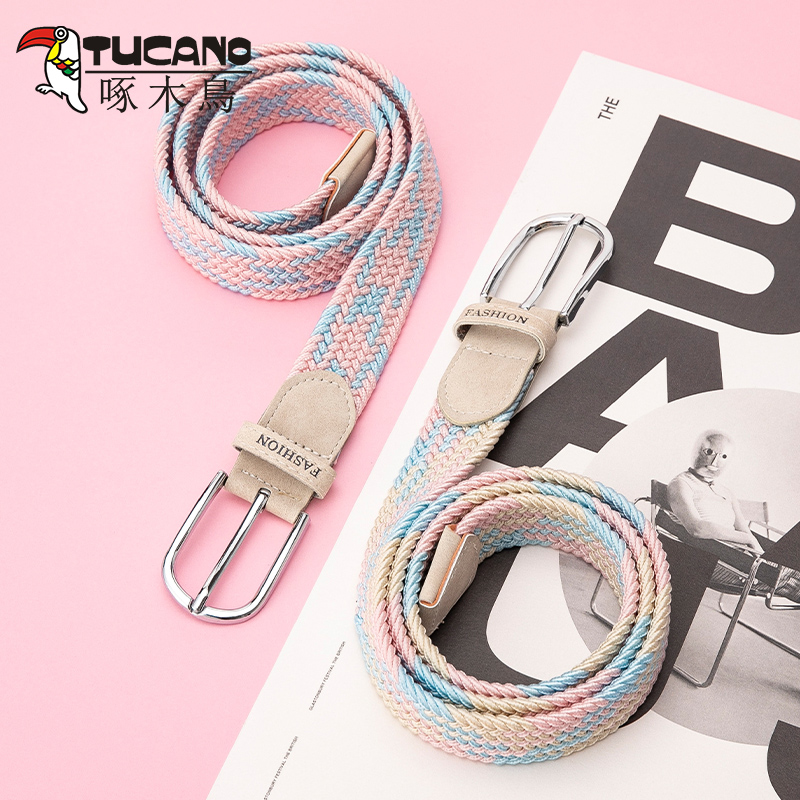 啄木鸟皮带女帆布腰带弹力编织松紧针扣年轻人学生懒人配牛仔女人高清大图