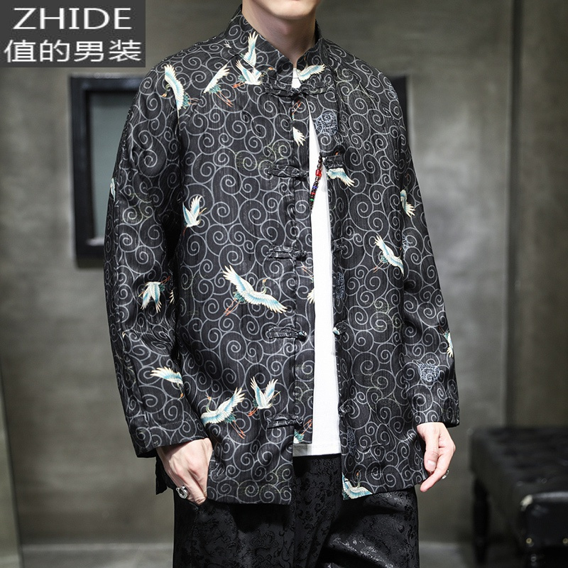 suntek春季复古唐装男青年潮流中式立领盘扣汉服外套大码古风居士服