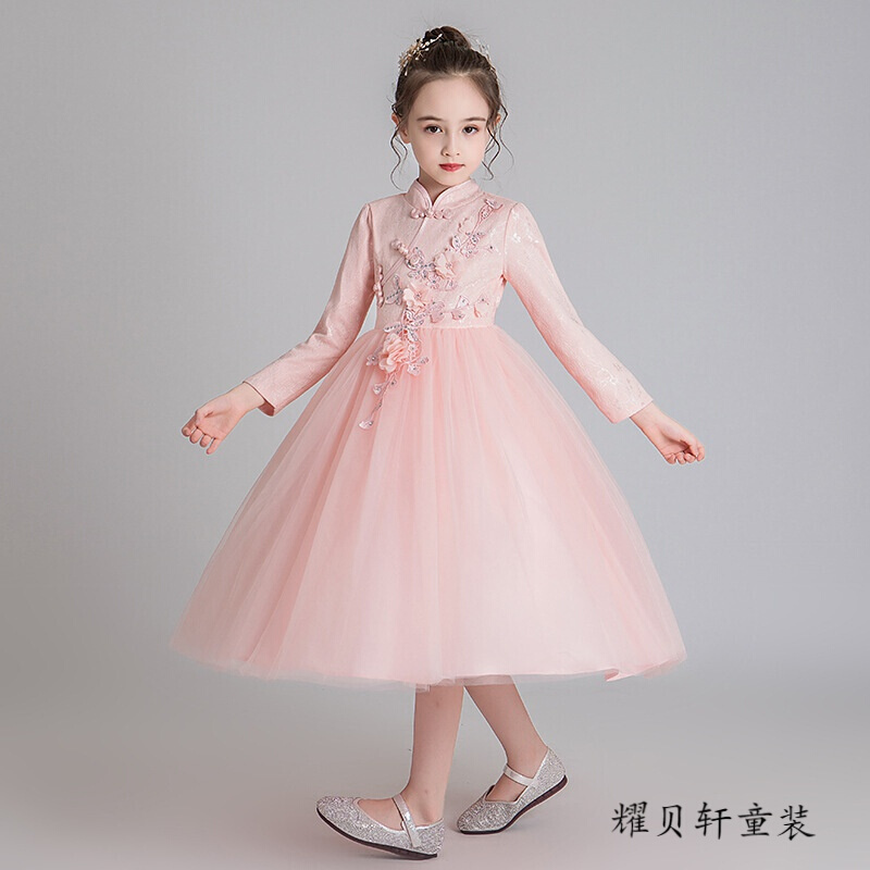 迪鲁奥(DILUAO)儿童公主裙秋冬款女童礼服裙婚纱蓬蓬长裙2021中国风长袖连衣裙子