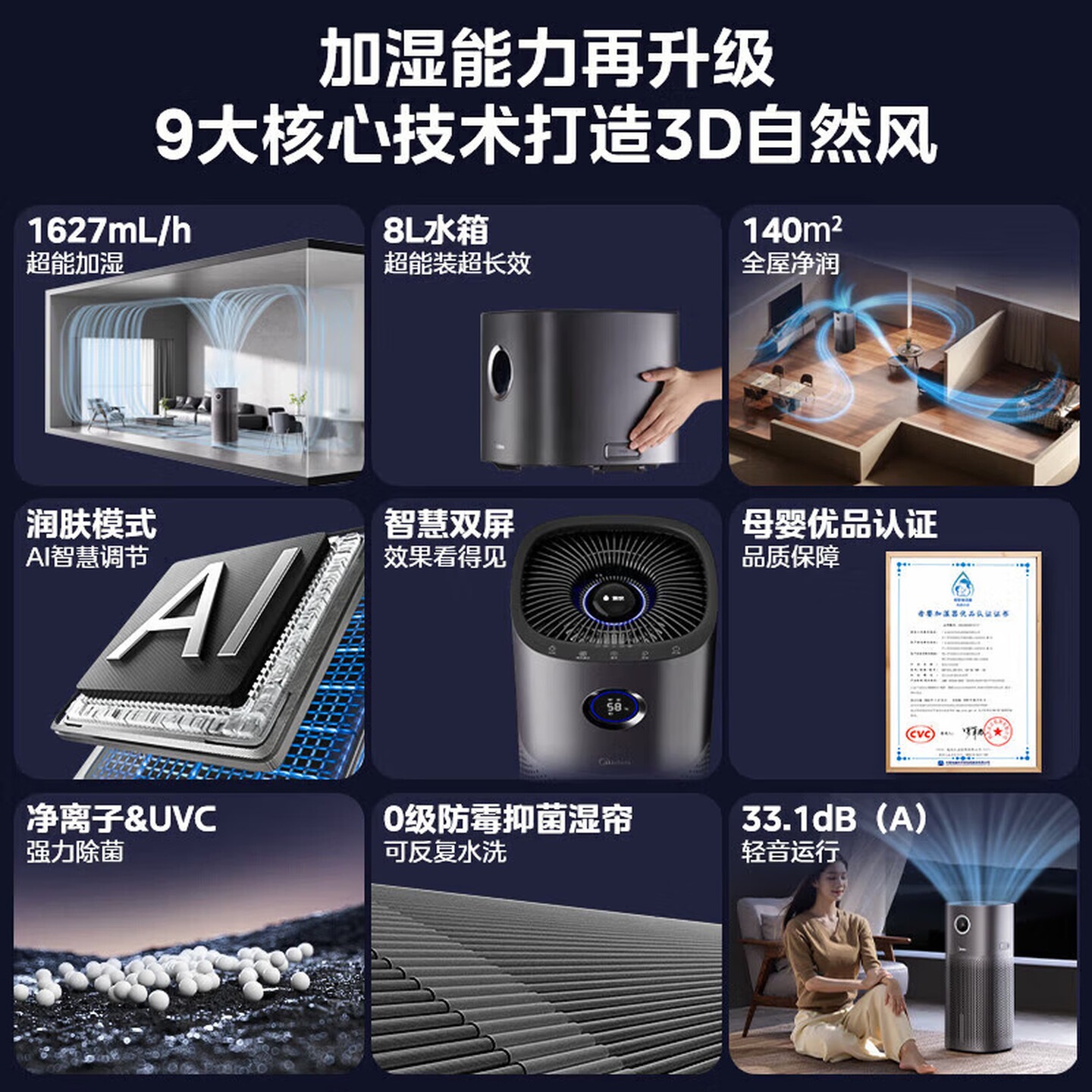 美的(Midea)加湿器空气净化家用Air母婴无雾杀菌家用卧室客厅桌面落地静音无线智能冷蒸发式高清大图