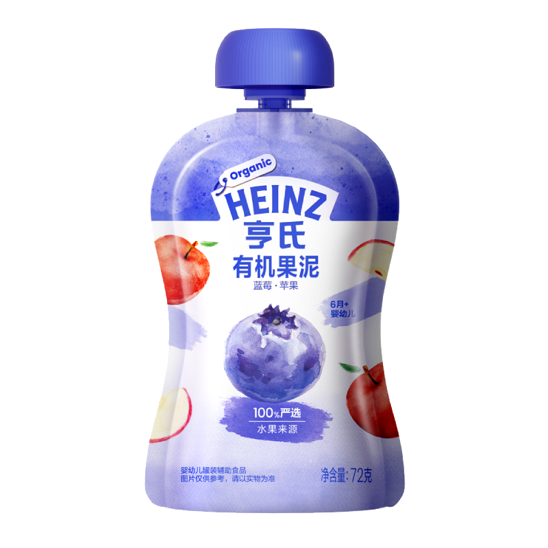 亨氏果汁泥宝宝有机辅食泥0添加蓝莓苹果果泥72g*1袋