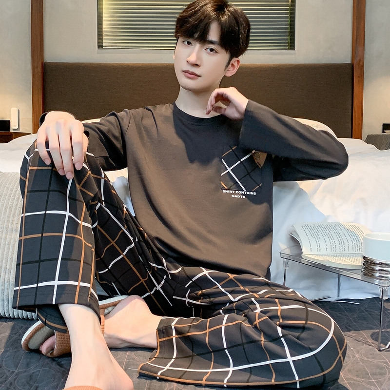 100%纯棉睡衣男士春秋款长袖休闲秋冬青少年大码可外穿家居服套春高清大图