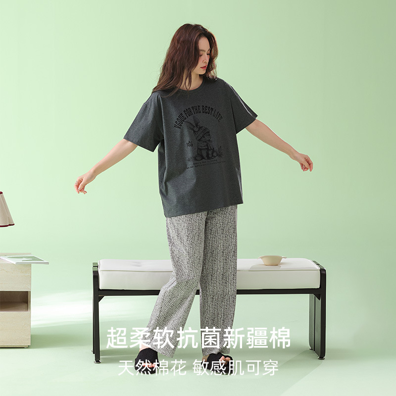 米奇喵[抗菌新疆棉]高级感春夏季短袖长裤睡衣女纯棉韩版时尚薄款套装 韩版时尚薄款睡衣 尺码备注高清大图