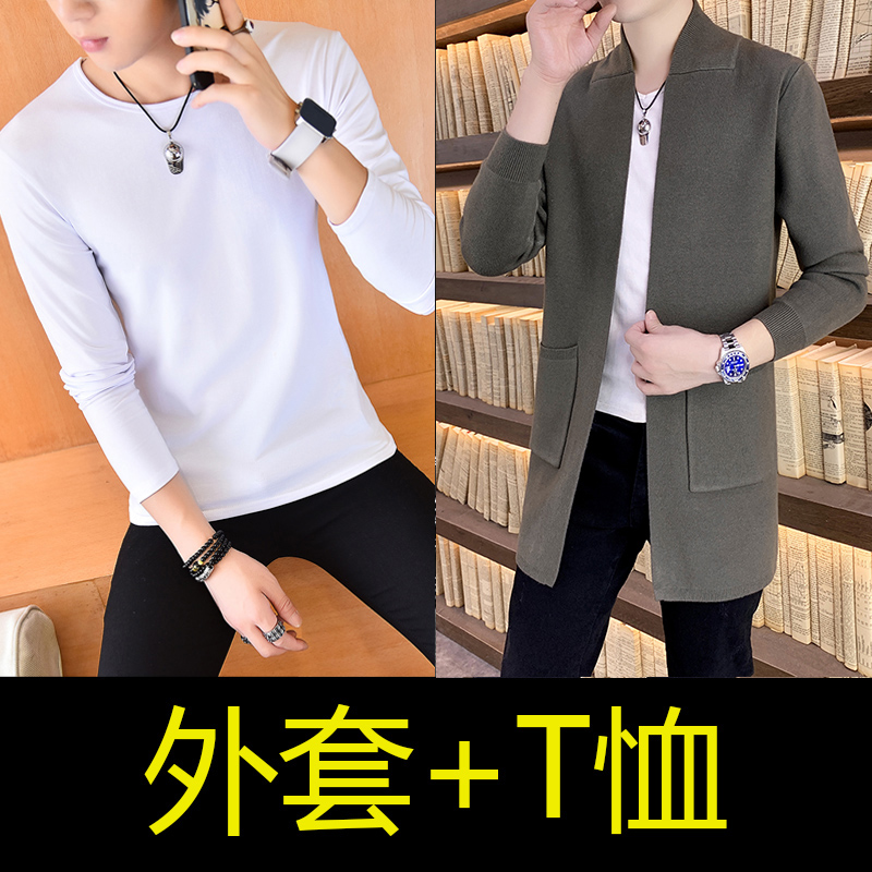SUNTEK风衣男士中长款英伦风秋装外套韩版潮流休闲帅气针织衫卡其色大衣风衣高清大图