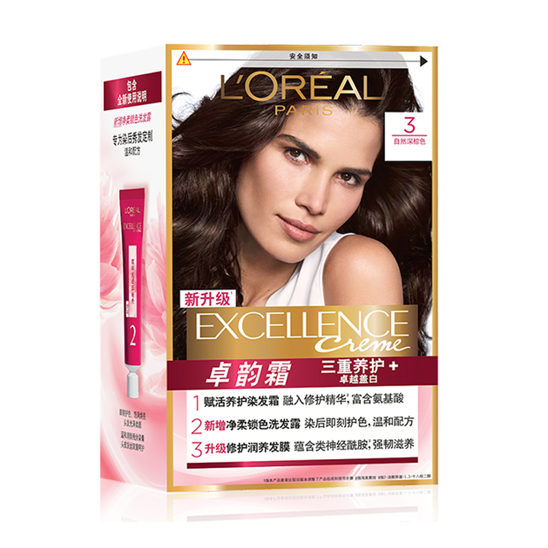 欧莱雅(LOREAL)卓韵霜三重养护护发染发霜#3(自然深棕色)(不伤发染发膏染发剂 遮白盖白 男女通用)