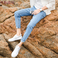 薄款夏季牛仔裤男青少年修身弹力小脚裤休闲九分裤男士裤子韩版潮