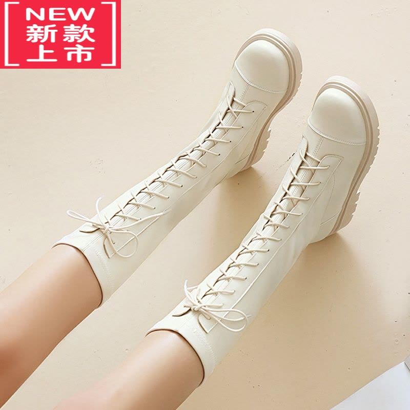 可莉允女童靴子2022春秋款白色高筒长靴走秀表演单靴中大儿童马丁靴皮靴图片