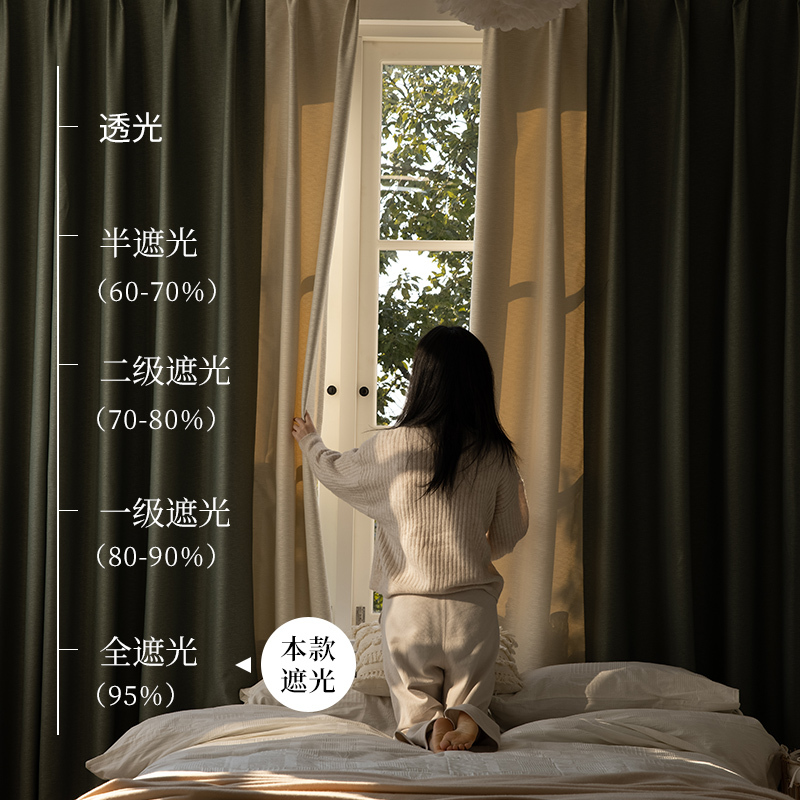 幸福派 轻奢遮光窗帘北欧简约现代挂钩竖麻纹肌理窗帘打孔窗帘飘窗客厅帘子遮阳布拼色儿童房窗帘轻奢卧室挂钩纯色窗帘