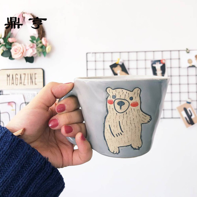 鼎亨日式文艺陶瓷杯子创意北极熊粗陶咖啡杯马克杯带勺卡通杯