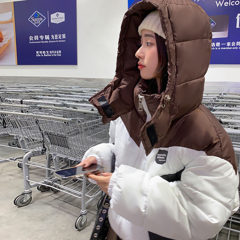 2023冬季新款撞色拼接羽绒棉服短款宽松韩版面包服连帽潮女士外套 咖啡帽子 XL