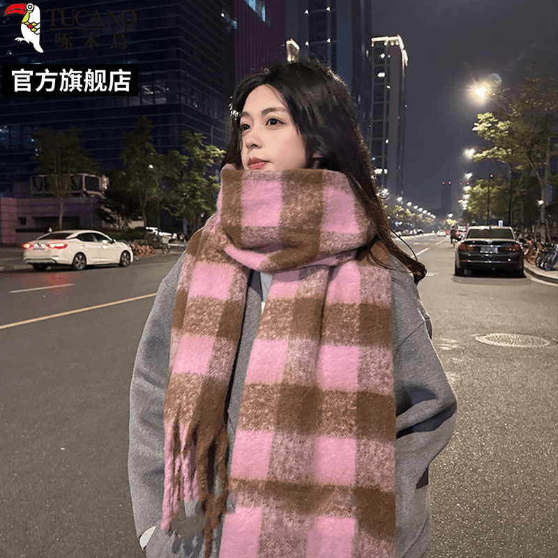 啄木鸟2024冬新款黑白格子围巾女保暖加厚加长加大百搭情侣围脖男图片