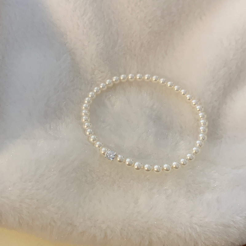 S925纯银正圆施家珍珠方钻手链女经典百搭大气手饰手绳高级感送女朋友老婆情人节七夕生日礼物