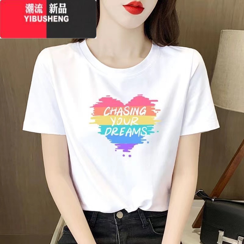 YIBUSHENG白色女士短袖T恤女2024新款季小个子体恤正肩大码印花上衣高清大图
