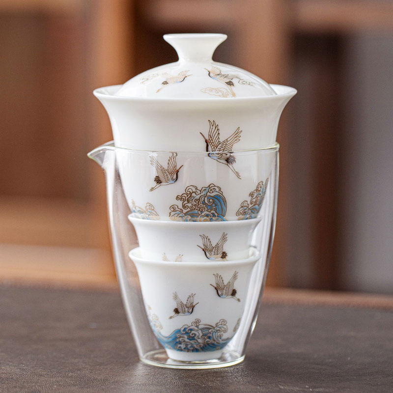 領藝 祥鹤观海旅行茶具套装德化白瓷一壶三杯快客杯户外旅行车载便携功夫茶具 祥鹤观海旅行茶具