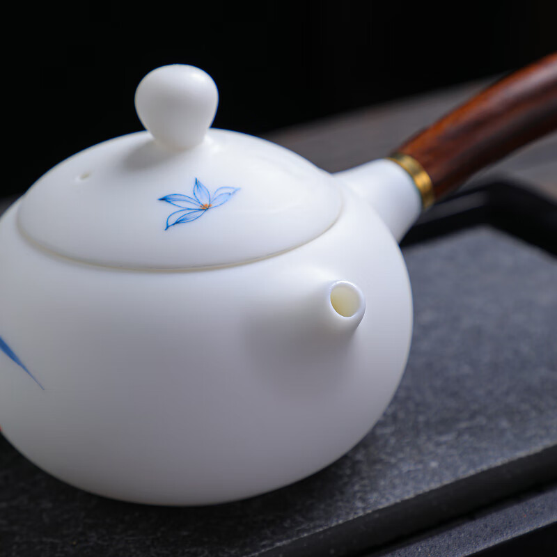 拓牌 10头素烧手绘羊脂玉瓷 侧把壶兰花 轻奢茶具套装 茶壶/茶杯整套茶具+彩盒包装 jh高清大图
