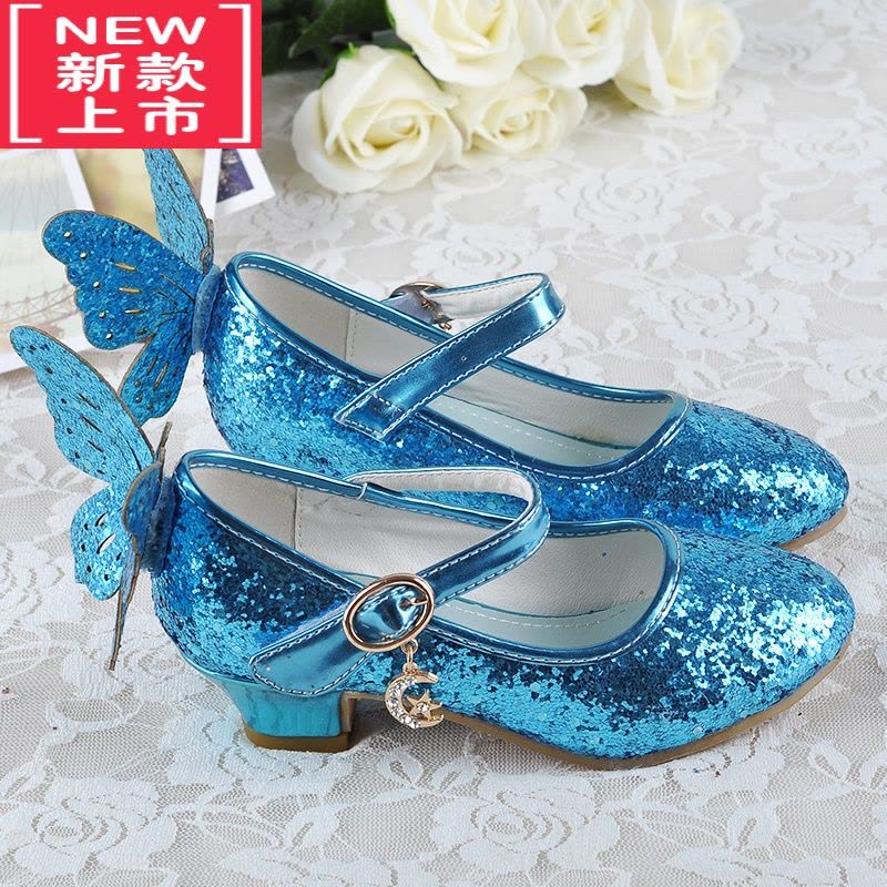可莉允新款艾莎女童皮鞋亮片高跟公主鞋 6儿童带翅膀水晶鞋小朋友表演鞋运动休闲鞋图片