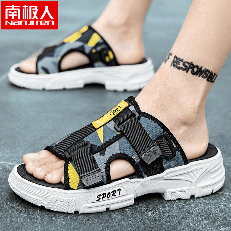 南极人沙滩鞋男士2021新款夏季凉鞋外穿运动开车两用黑色 【潮流款】黑黄 39