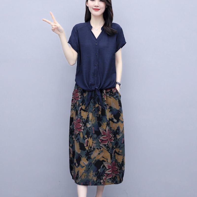 [棉麻/好质量]单/夏天棉麻连衣裙两件套宽松显瘦遮肚子套装裙女 蓝色上衣 单件上衣 M 105斤以内