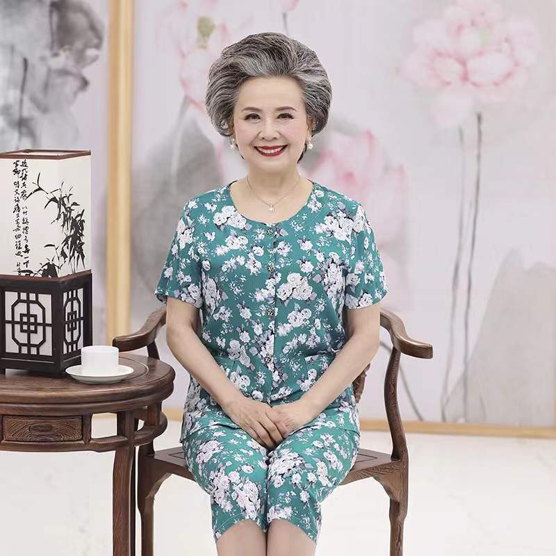 妈妈装夏装棉绸套装中老年人女装短袖开衫60岁70老太太绵绸奶奶装 莎丞 花色(2） XXL（建议100-115斤）