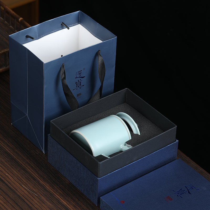 MULTIPOTENT办公杯汝窑开片陶瓷盖杯商务会议泡茶杯汝窑玉脂青君子杯伴手礼盒高清大图