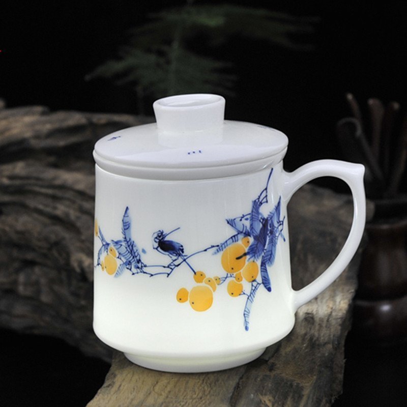 手绘办公杯景德镇陶瓷带盖办公室茶杯釉下彩水杯大茶杯子带茶漏茶杯